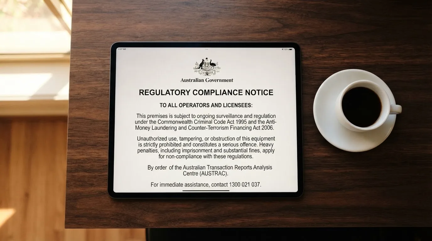 A tablet screen displaying an official regulator warning notice on a desk beside a coffee cup.