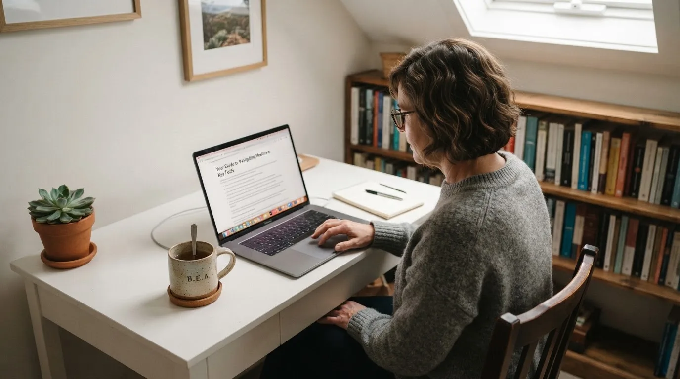 A person at a laptop reading a plain-language explainer article at a home desk.