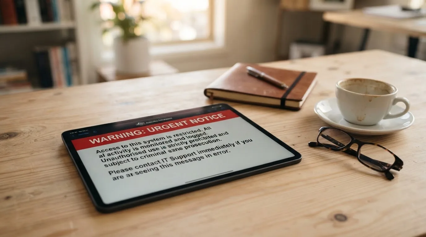 A tablet screen displaying an official regulator warning notice on a desk beside a coffee cup.