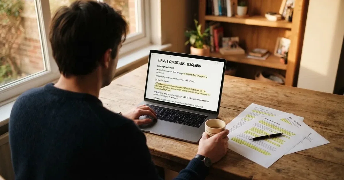 A laptop screen showing a terms-and-conditions page with wagering requirements highlighted.