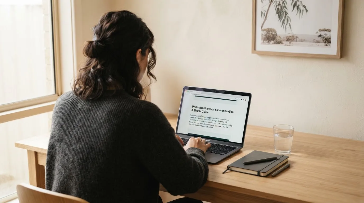 A person at a laptop reading a plain-language explainer article at a home desk.