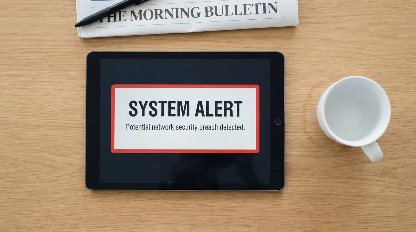 A tablet screen displaying an official regulator warning notice on a desk beside a coffee cup.