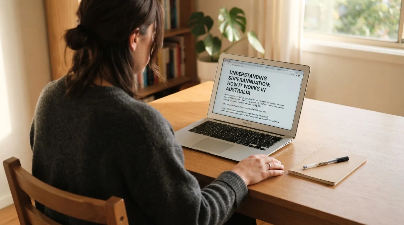 A person at a laptop reading a plain-language explainer article at a home desk.