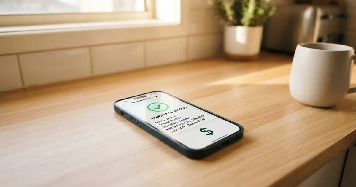 A close-up of a banking app on a smartphone showing a same-day transfer confirmation on a kitchen table.