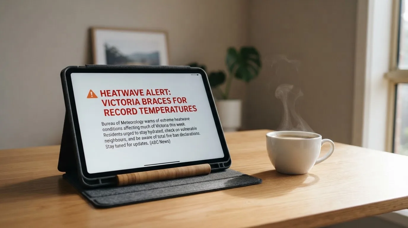A tablet screen displaying an official regulator warning notice on a desk beside a coffee cup.