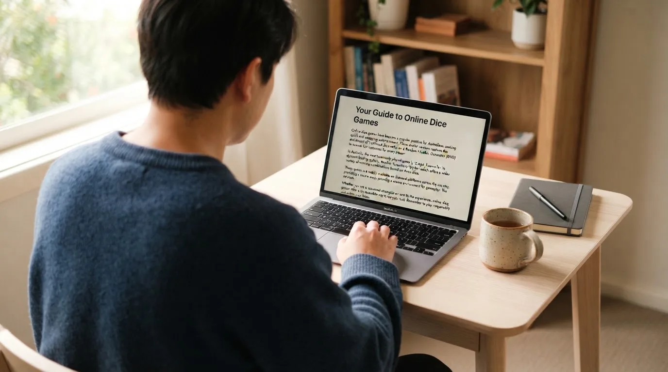 A person at a laptop reading a plain-language explainer article at a home desk.