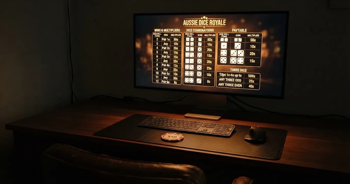A slot machine's paytable screen glowing on a monitor in a dim room.