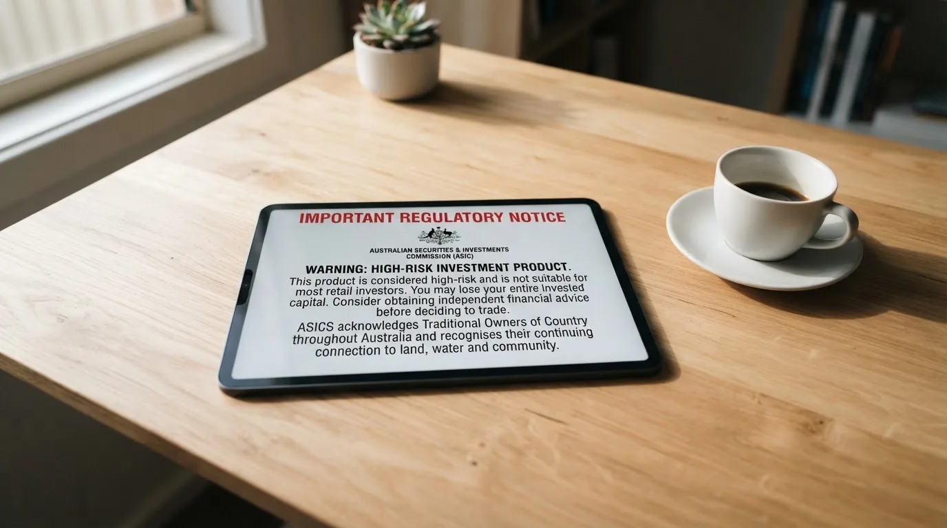 A tablet screen displaying an official regulator warning notice on a desk beside a coffee cup.