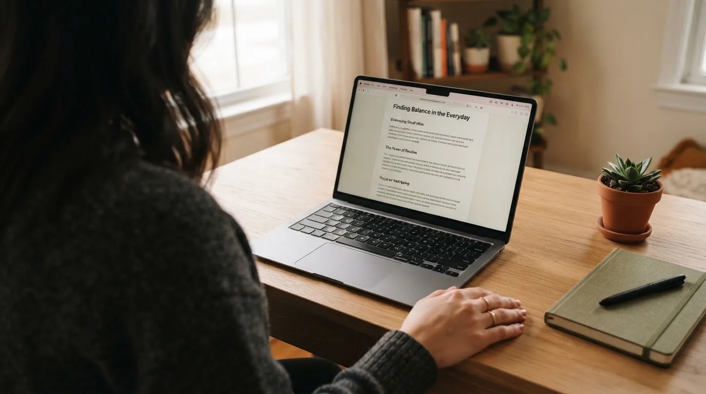 A person at a laptop reading a plain-language explainer article at a home desk.