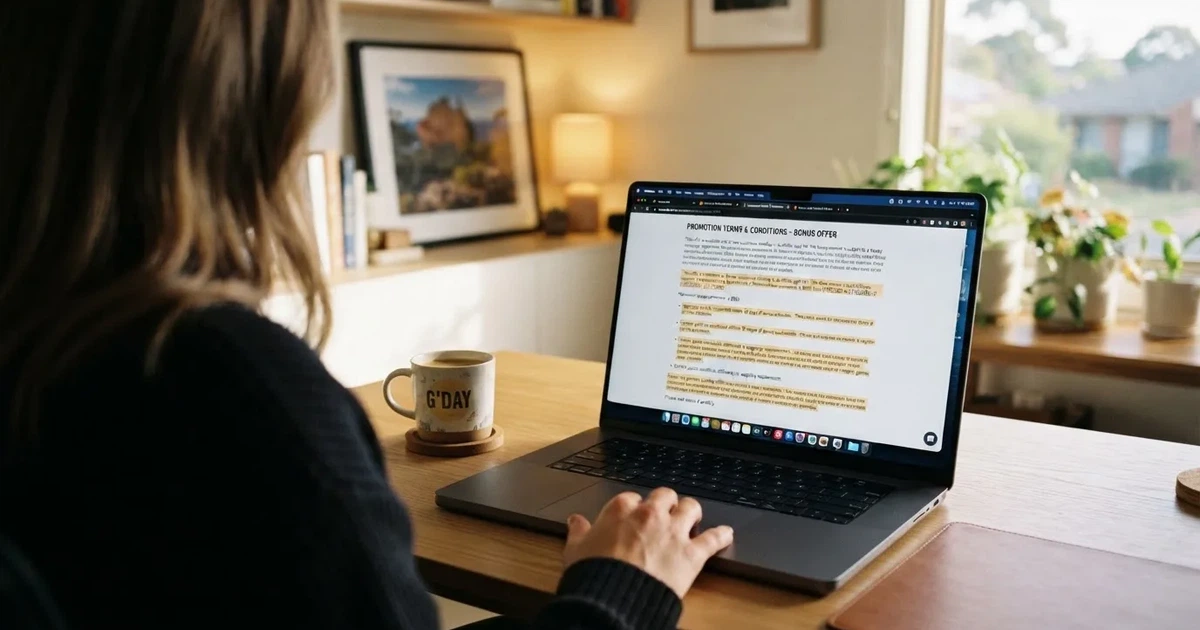 A laptop screen showing a terms-and-conditions page with wagering requirements highlighted.