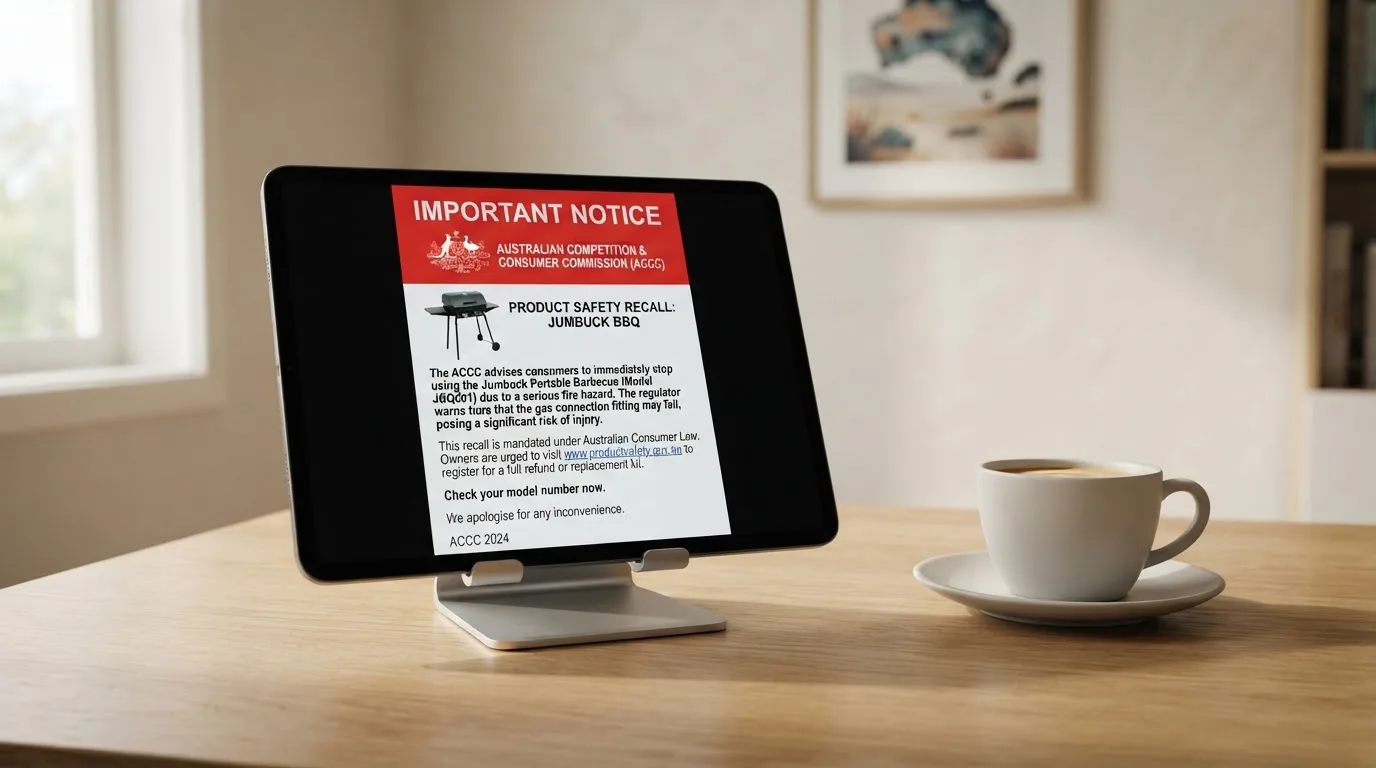 A tablet screen displaying an official regulator warning notice on a desk beside a coffee cup.