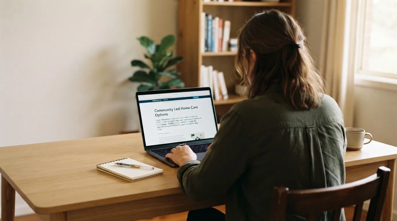 A person at a laptop reading a plain-language explainer article at a home desk.