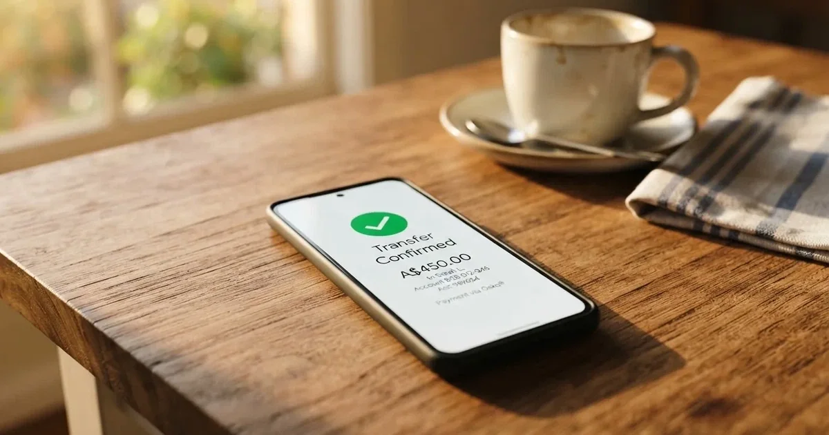A close-up of a banking app on a smartphone showing a same-day transfer confirmation on a kitchen table.