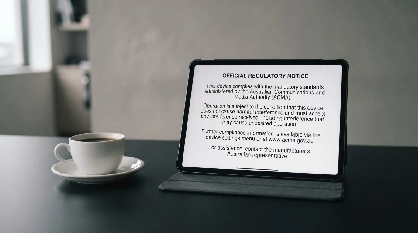 A tablet screen displaying an official regulator warning notice on a desk beside a coffee cup.