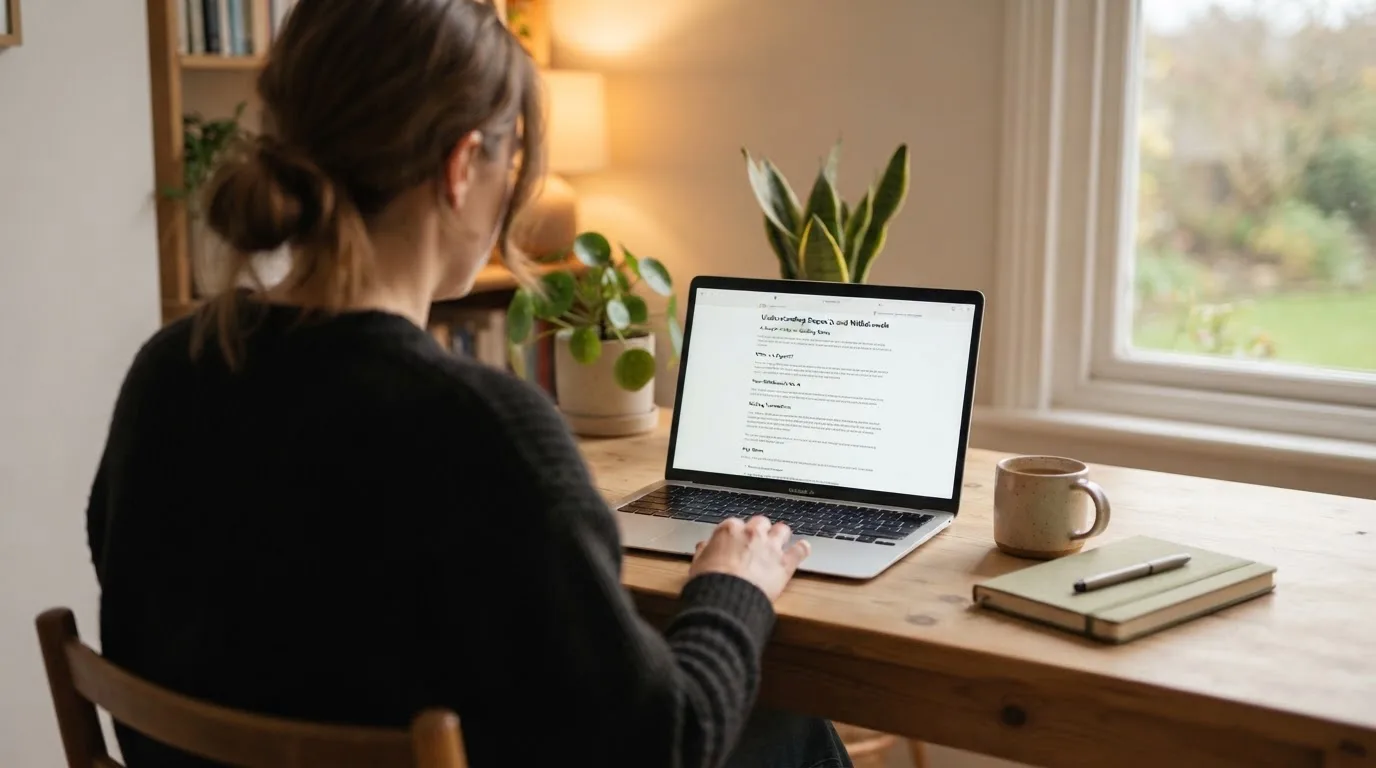A person at a laptop reading a plain-language explainer article at a home desk.