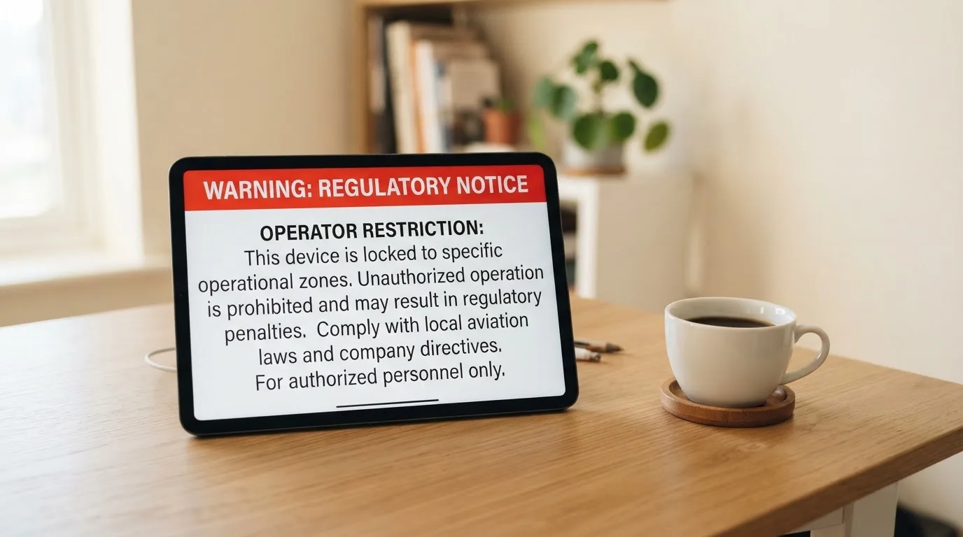 A tablet screen displaying an official regulator warning notice on a desk beside a coffee cup.