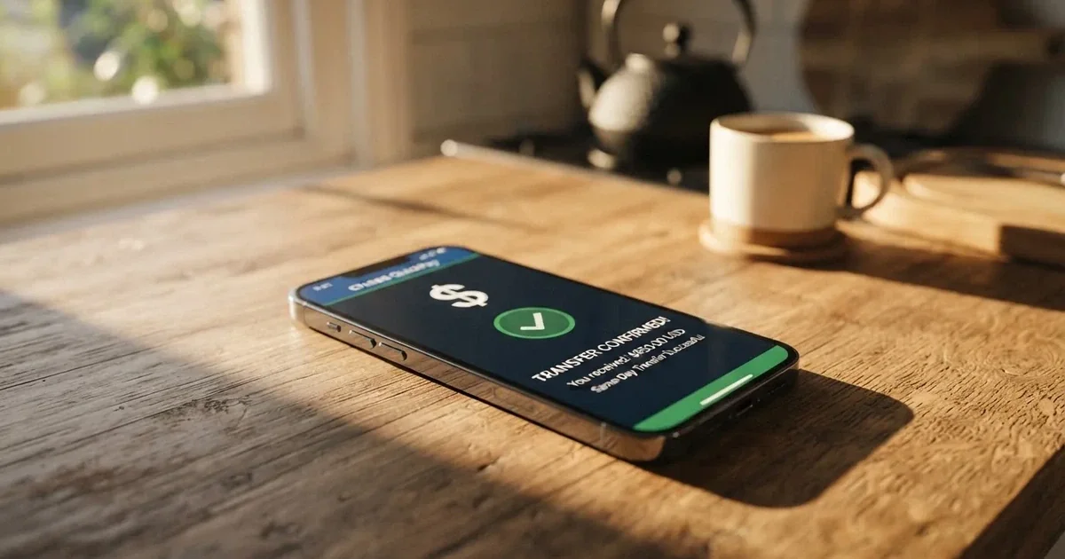 A close-up of a banking app on a smartphone showing a same-day transfer confirmation on a kitchen table.