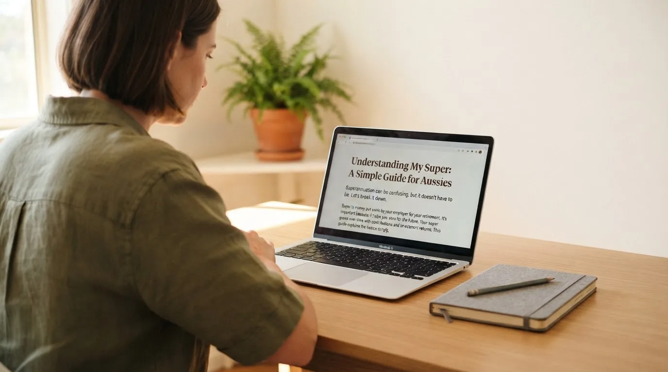 A person at a laptop reading a plain-language explainer article at a home desk.