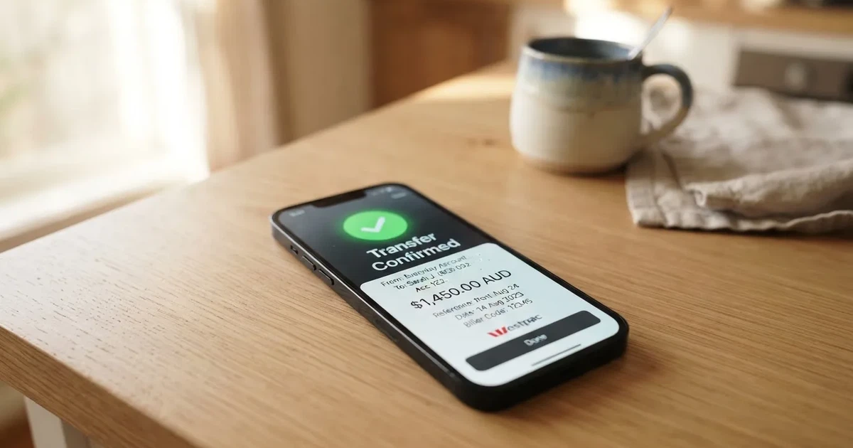 A close-up of a banking app on a smartphone showing a same-day transfer confirmation on a kitchen table.