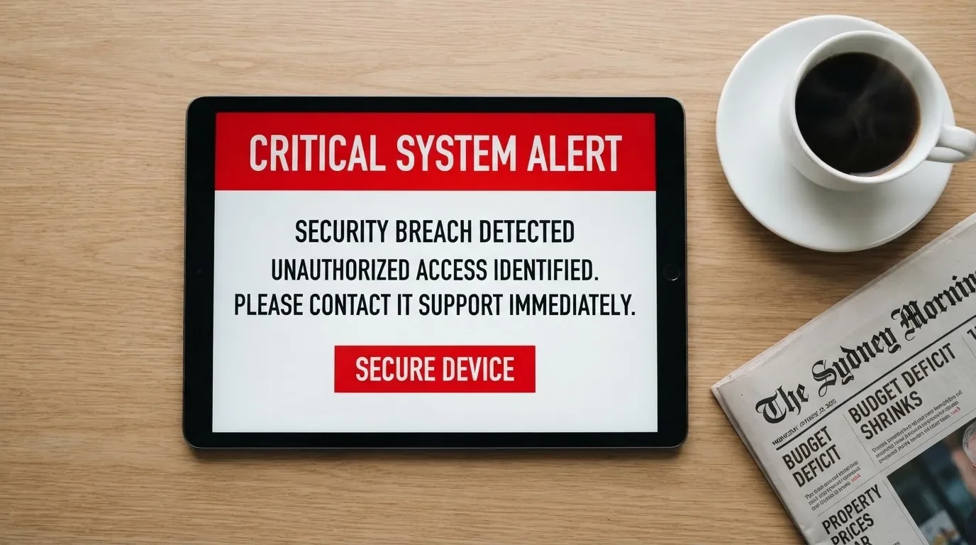A tablet screen displaying an official regulator warning notice on a desk beside a coffee cup.