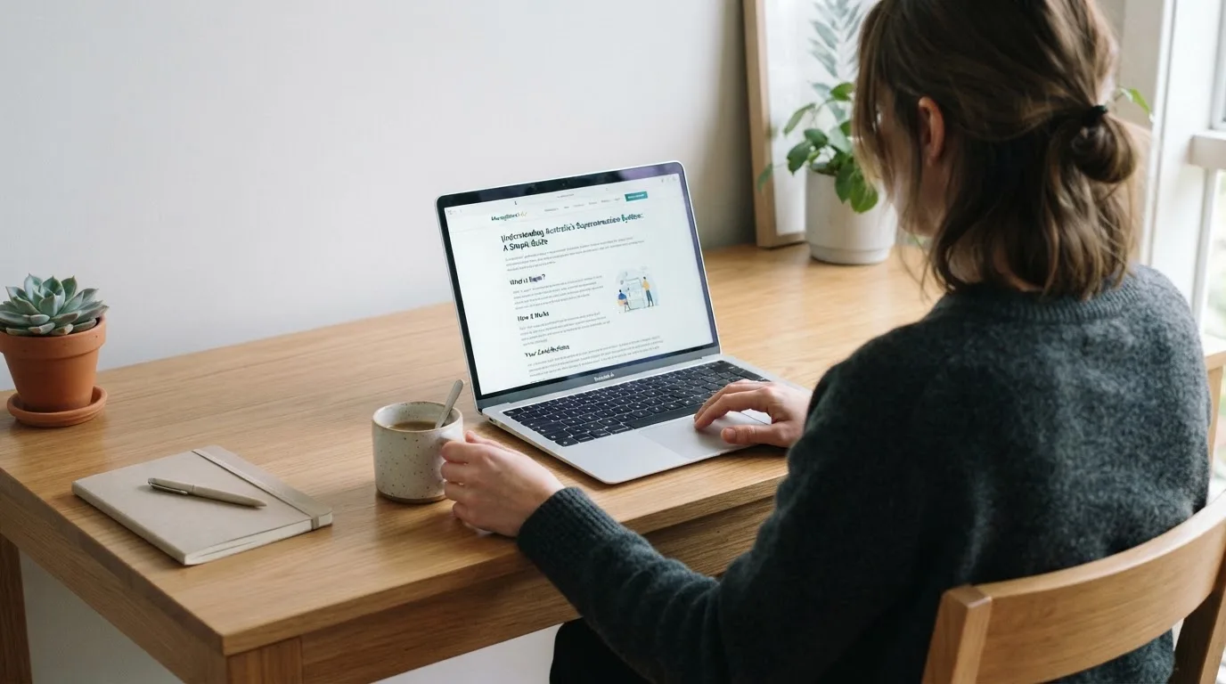 A person at a laptop reading a plain-language explainer article at a home desk.