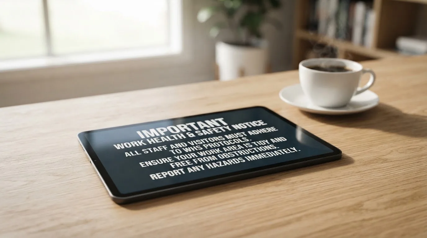 A tablet screen displaying an official regulator warning notice on a desk beside a coffee cup.