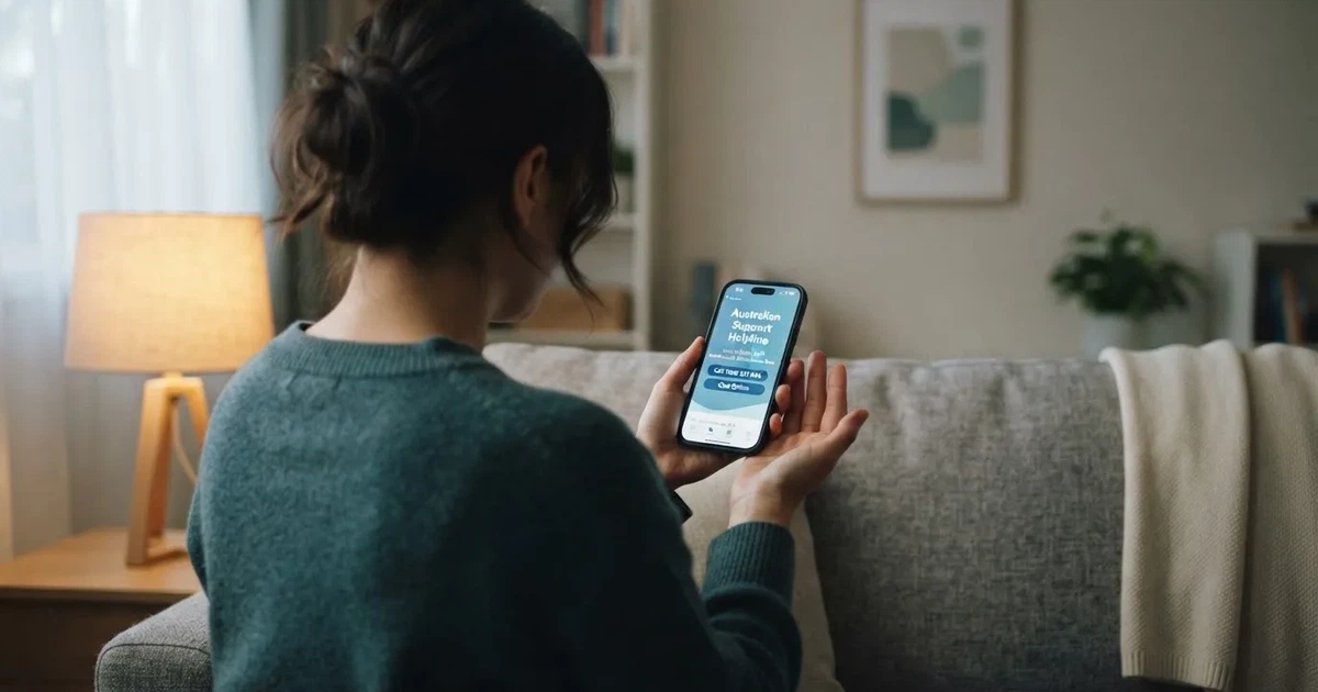 A person looking at a support helpline page on a phone while sitting on a couch.