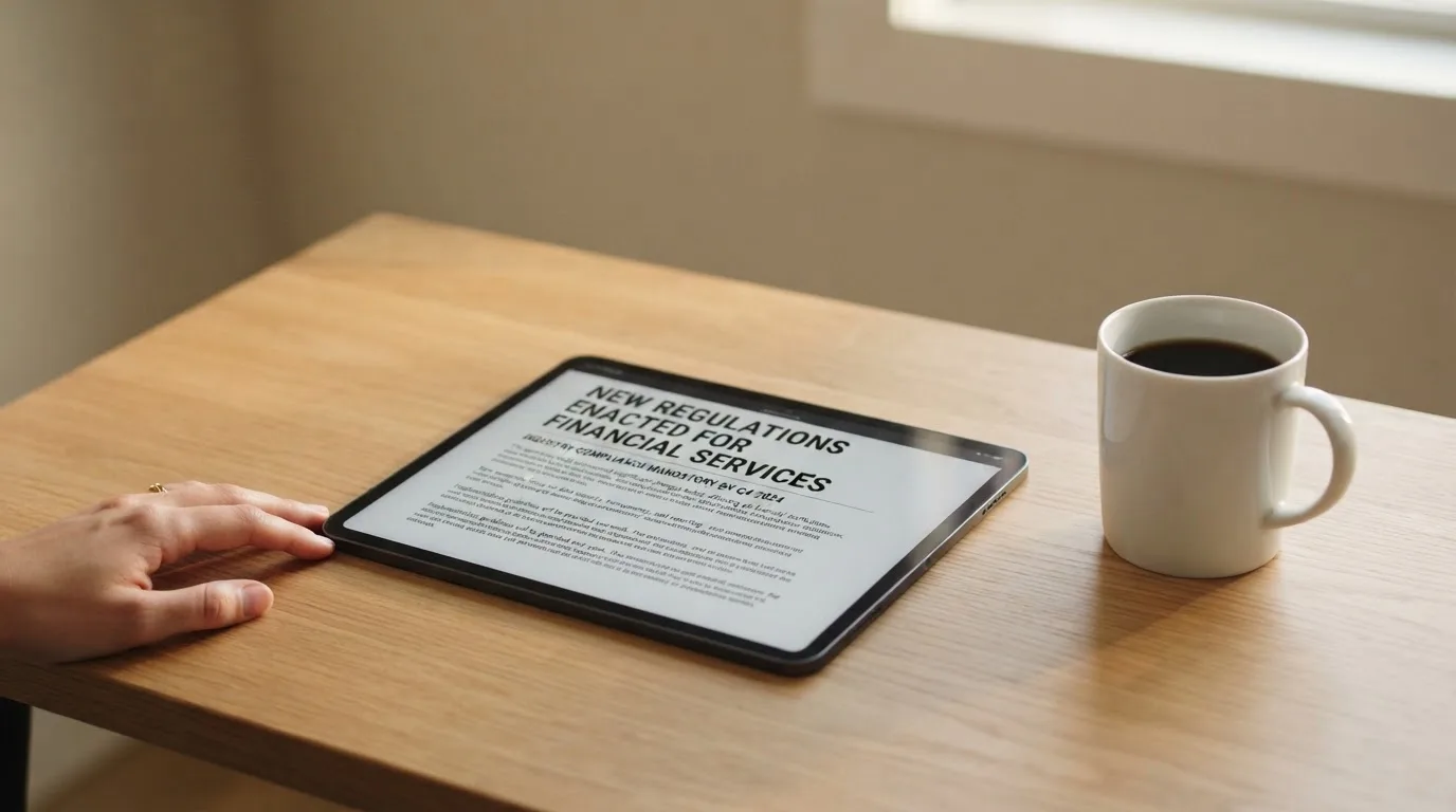 A tablet screen displaying an official regulator warning notice on a desk beside a coffee cup.