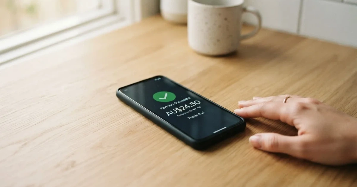 A close-up of a banking app on a smartphone showing a same-day transfer confirmation on a kitchen table.