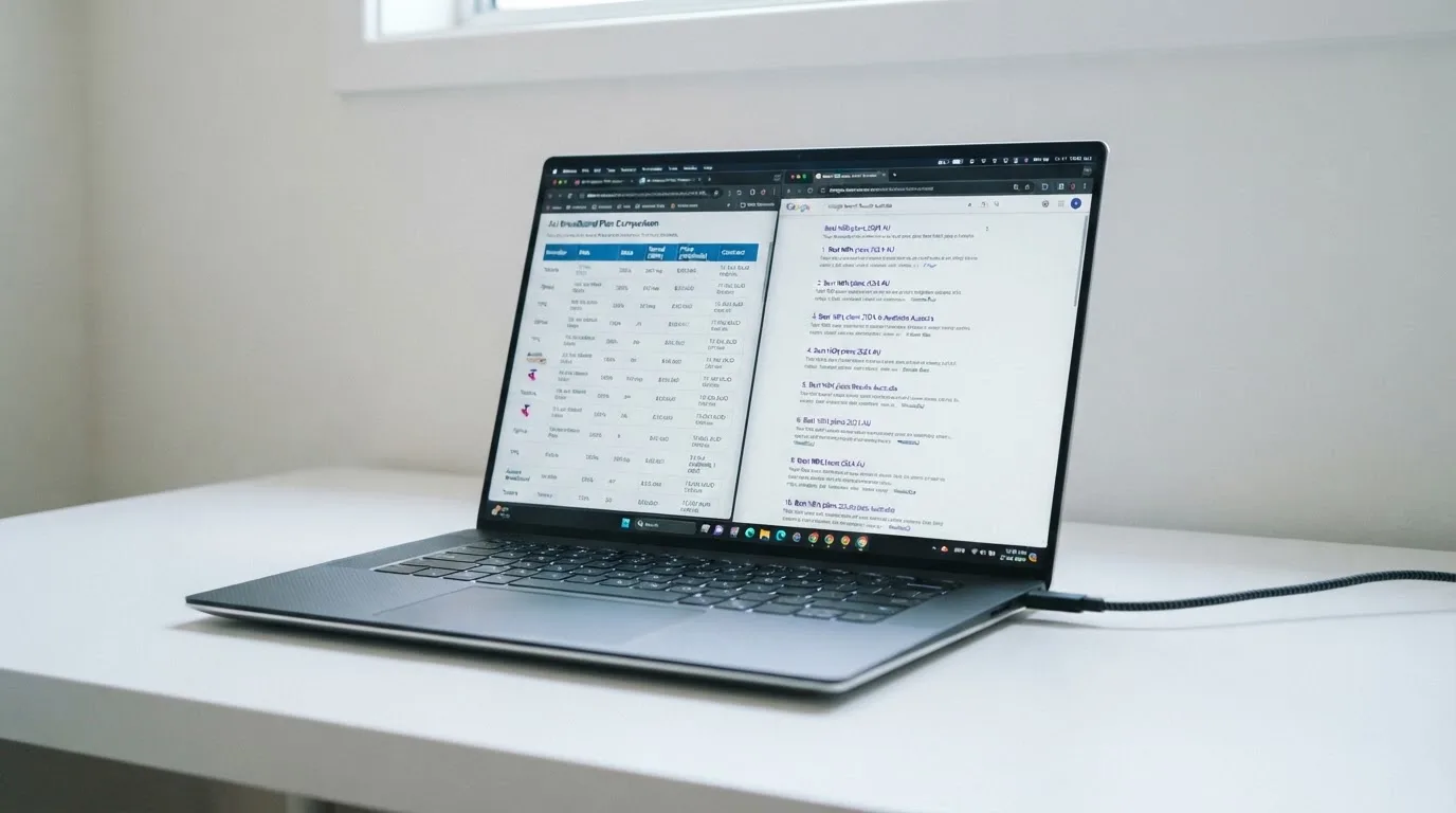 A laptop screen split between two browser tabs, one showing a comparison table and the other a search results page.