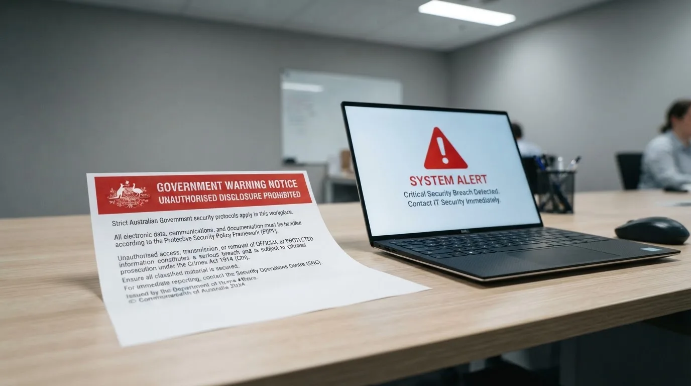 A printed government warning notice on a desk beside a laptop with a red alert icon on the screen.