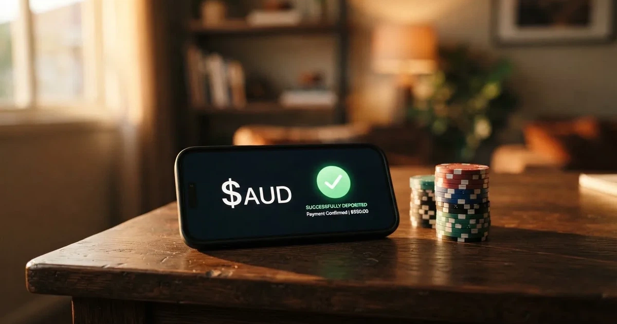 A phone displaying a bank transfer confirmation screen next to a stack of Australian dollar notes.