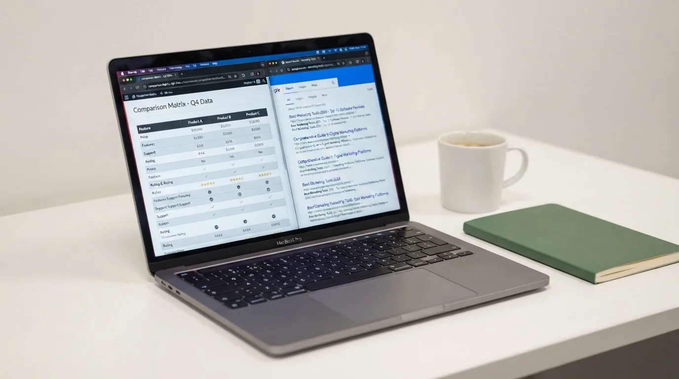 A laptop screen split between two browser tabs, one showing a comparison table and the other a search results page.