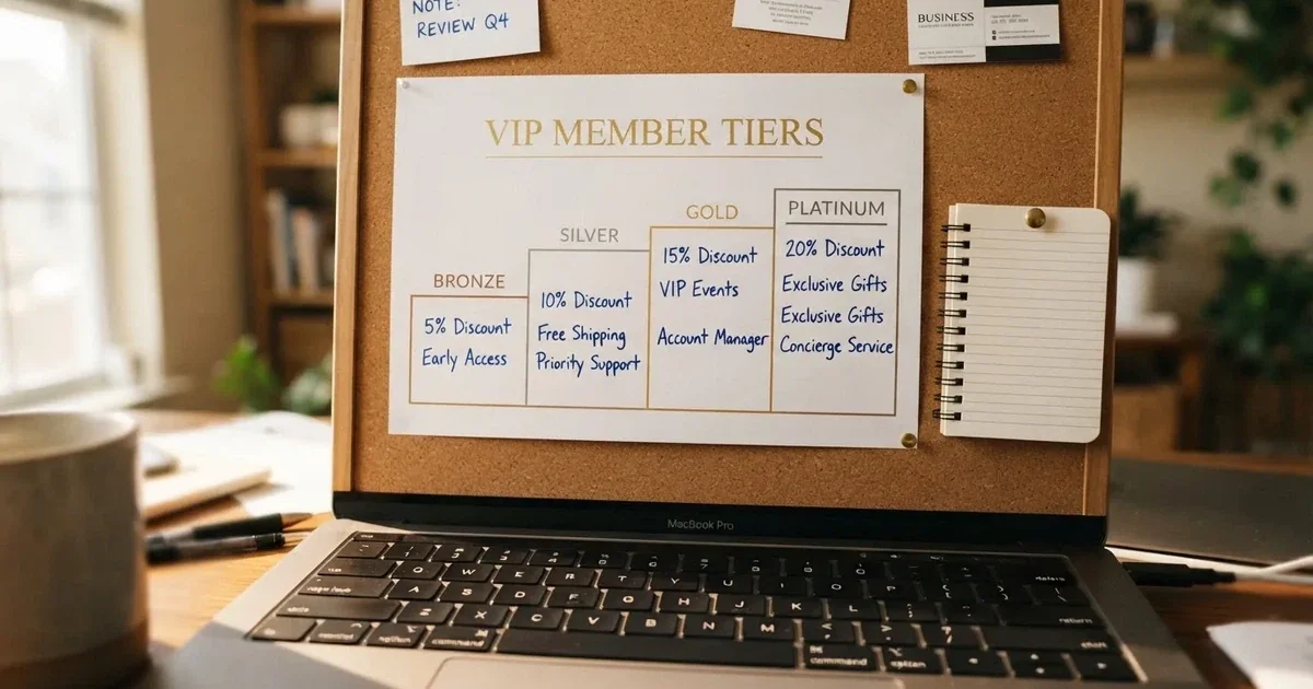 A gold-coloured tier chart pinned to a corkboard next to a laptop keyboard.