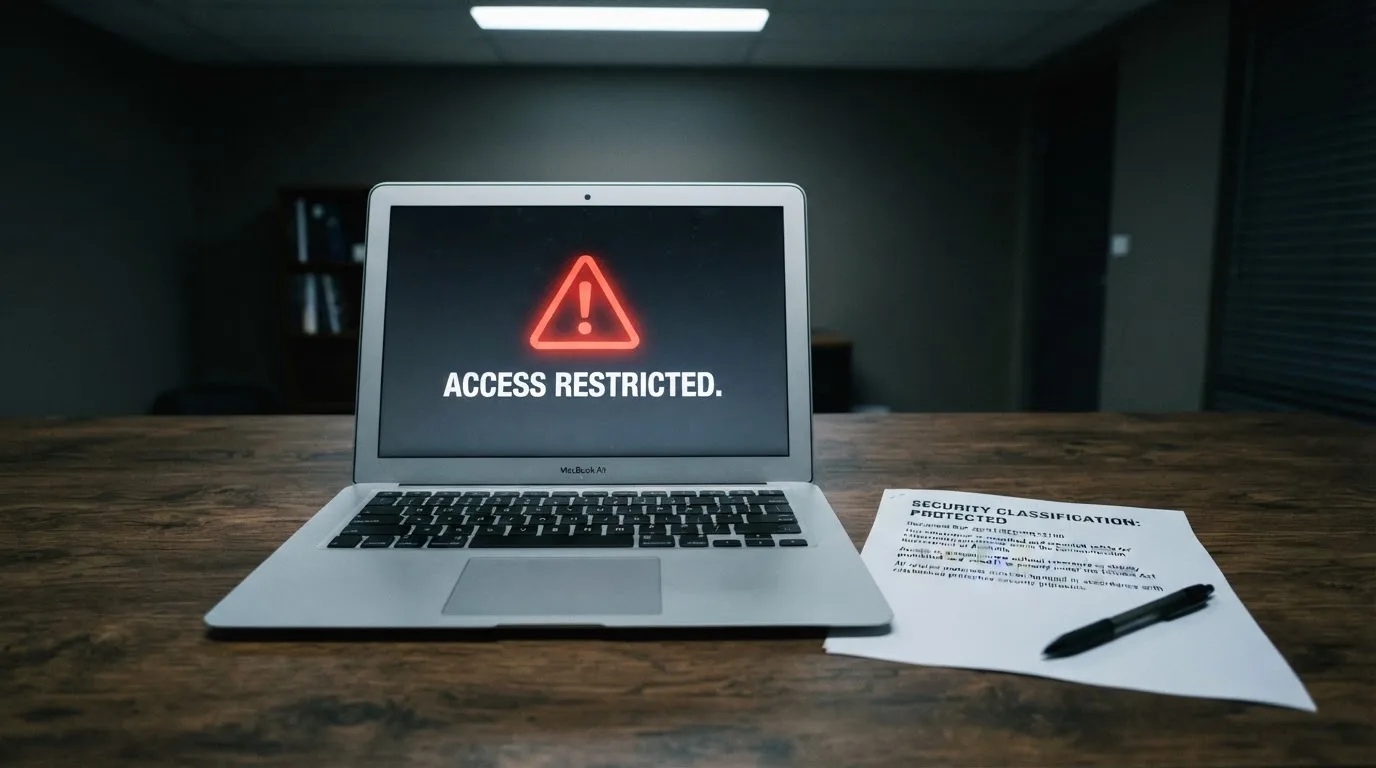A printed government warning notice on a desk beside a laptop with a red alert icon on the screen.