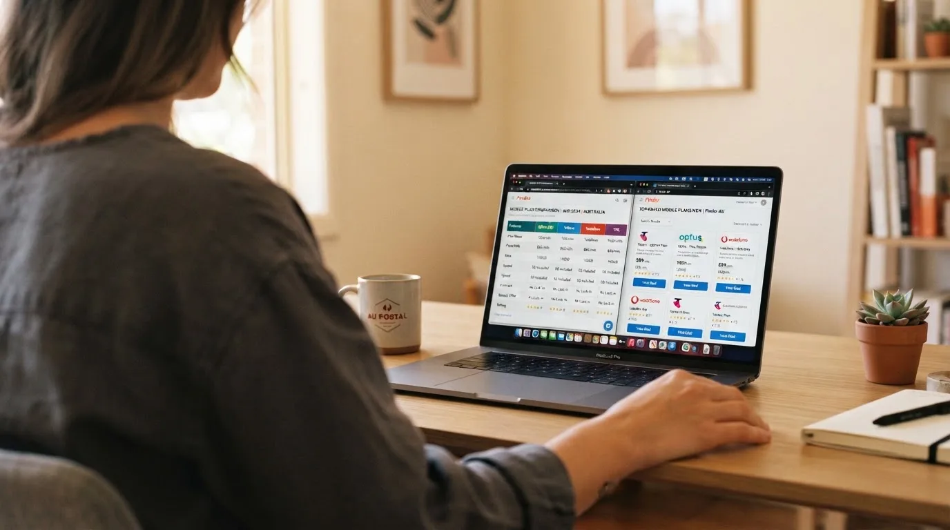 A laptop screen split between two browser tabs, one showing a comparison table and the other a search results page.