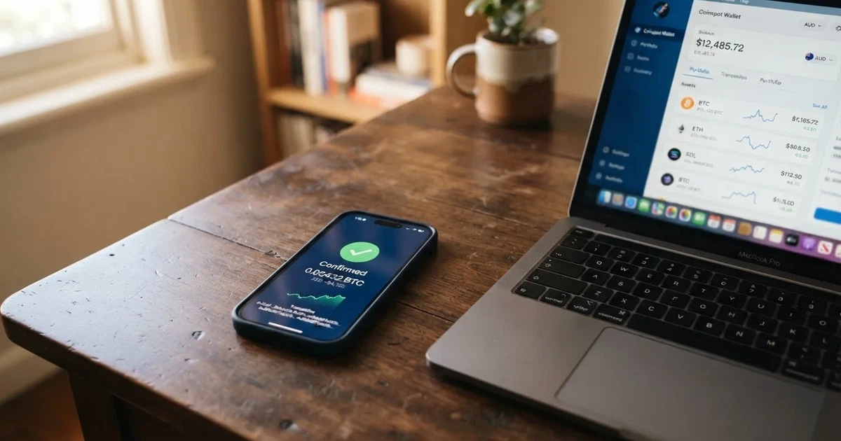 A phone displaying a blockchain transaction confirmation screen next to a laptop keyboard.