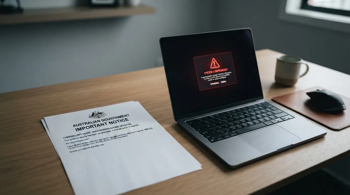 A printed government warning notice on a desk beside a laptop with a red alert icon on the screen.