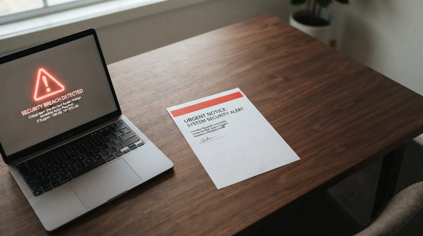A printed government warning notice on a desk beside a laptop with a red alert icon on the screen.
