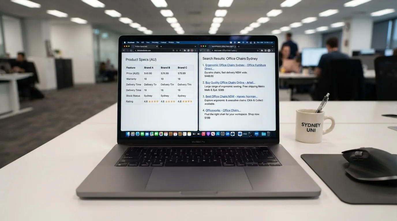 A laptop screen split between two browser tabs, one showing a comparison table and the other a search results page.