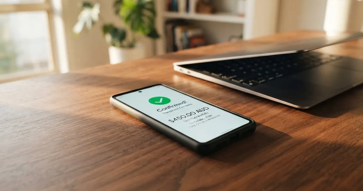 A phone displaying a blockchain transaction confirmation screen next to a laptop keyboard.