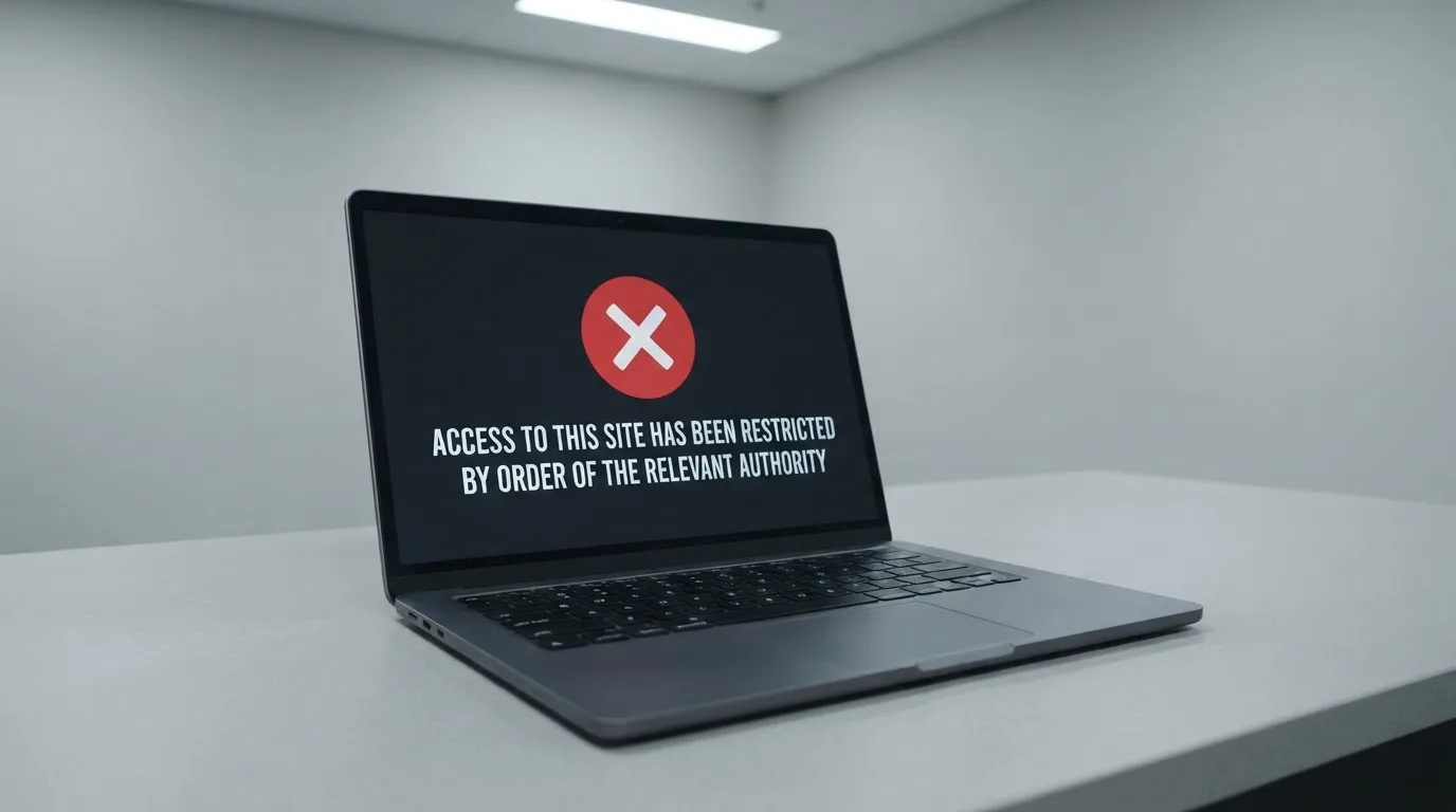 A printed government warning notice on a desk beside a laptop with a red alert icon on the screen.
