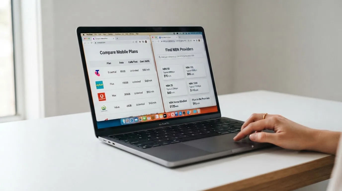 A laptop screen split between two browser tabs, one showing a comparison table and the other a search results page.