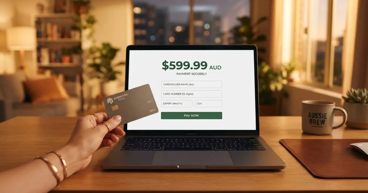 A hand holding a bank card next to a laptop showing an online payment form.
