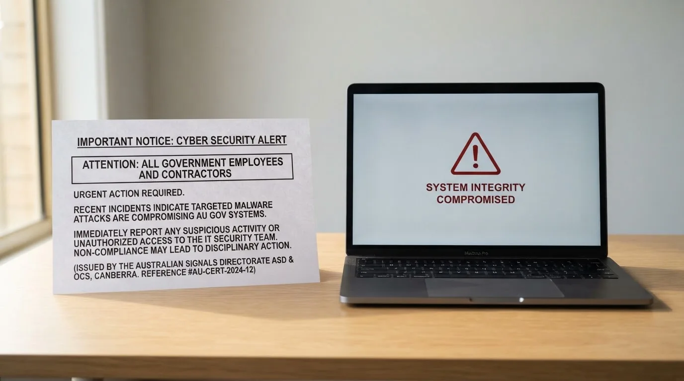 A printed government warning notice on a desk beside a laptop with a red alert icon on the screen.