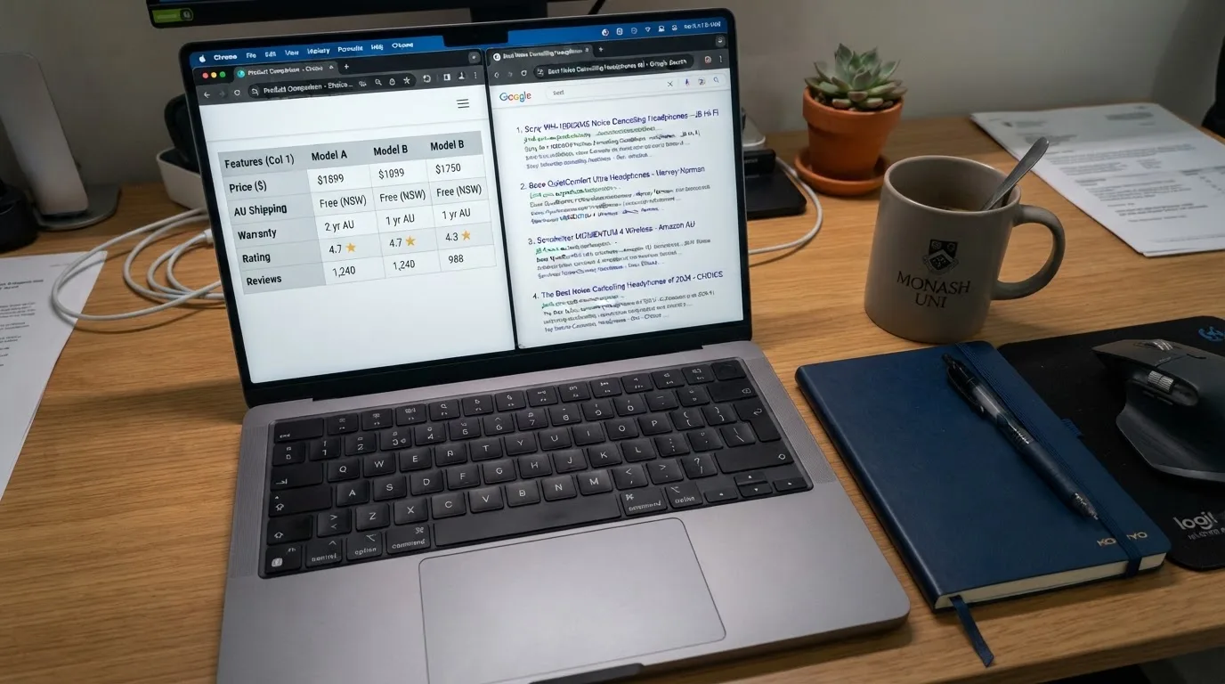A laptop screen split between two browser tabs, one showing a comparison table and the other a search results page.