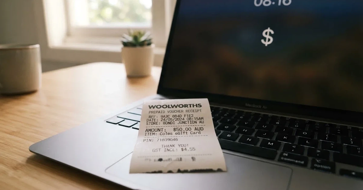 A printed prepaid voucher receipt lying beside a laptop keyboard.