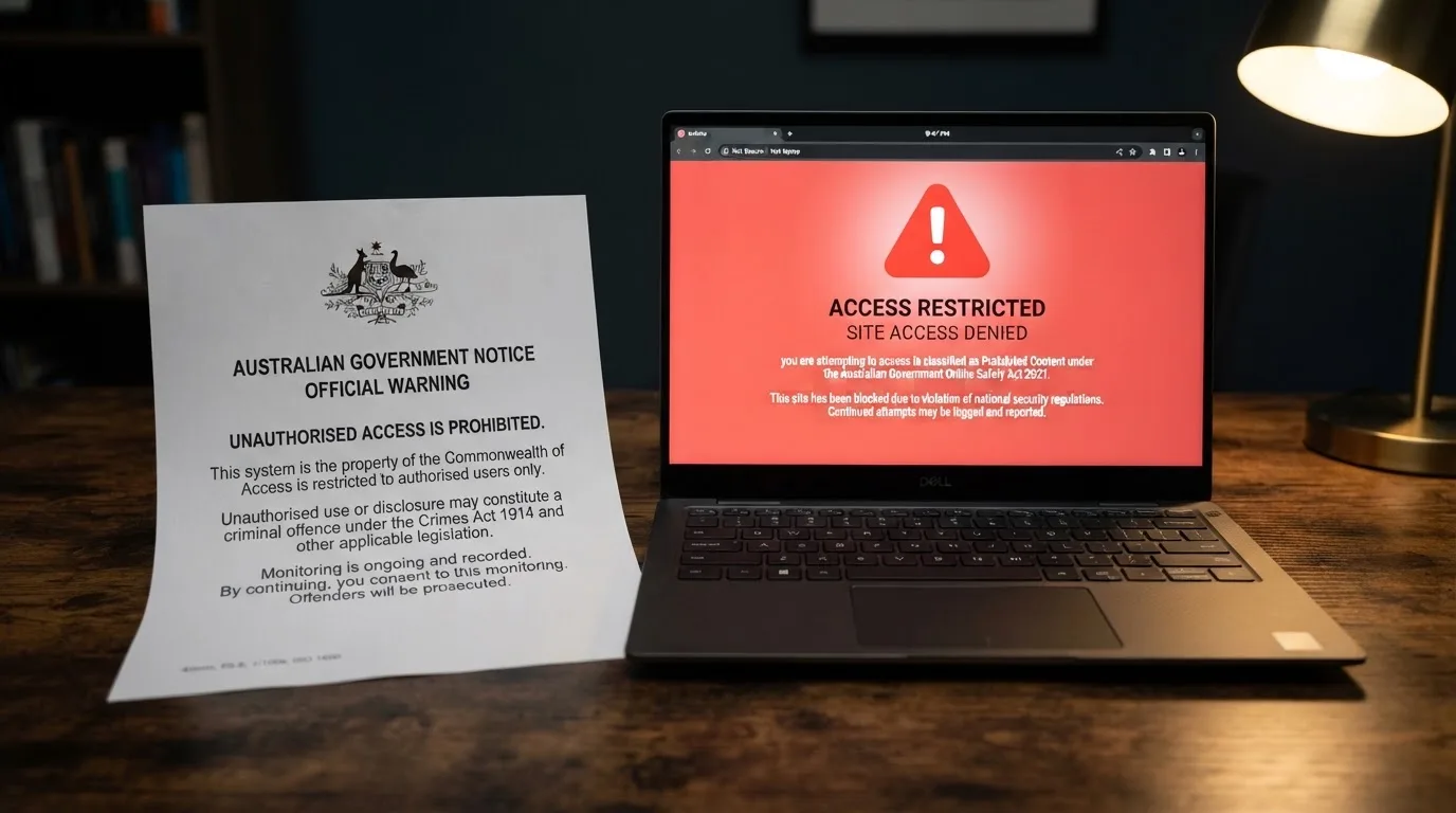 A printed government warning notice on a desk beside a laptop with a red alert icon on the screen.