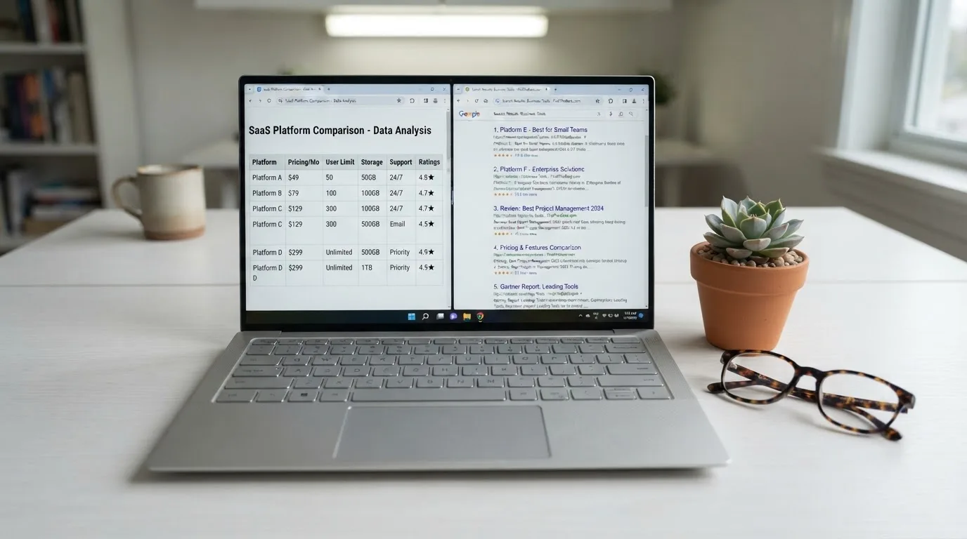 A laptop screen split between two browser tabs, one showing a comparison table and the other a search results page.