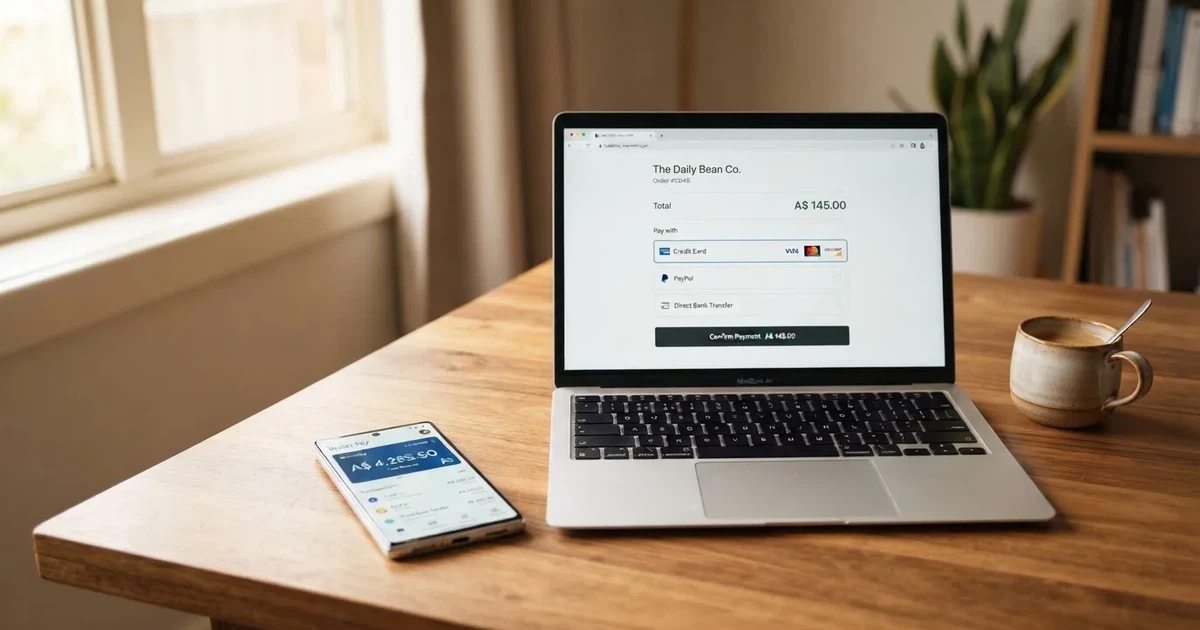 A smartphone screen showing a digital wallet balance next to a laptop cashier page.